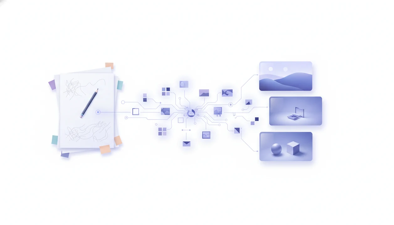 A creative brief flows through AI agent nodes into several generated image draft cards.