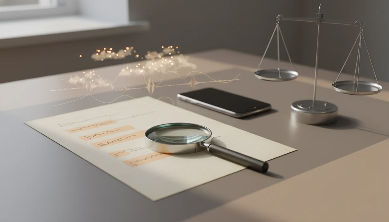 A highlighted manuscript, magnifying glass, phone, and balance scale suggest careful AI text review.