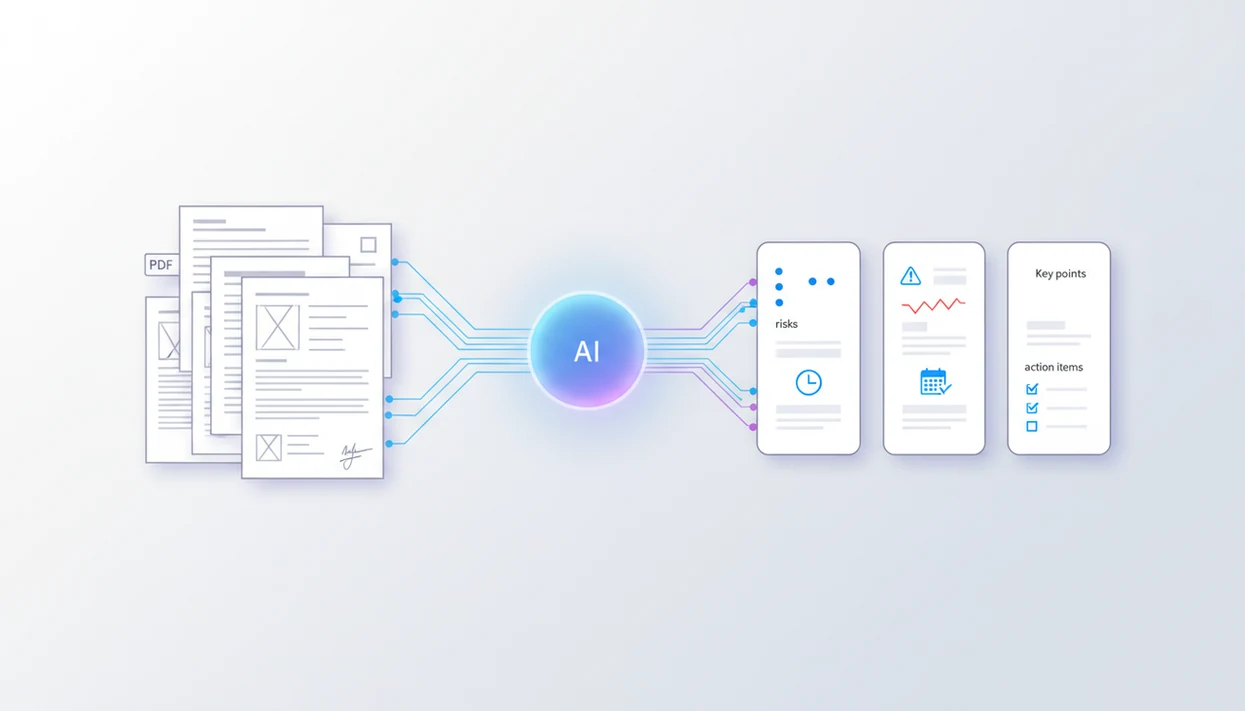 Documents flow through an AI hub into organized cards for key points, risks, and action items.