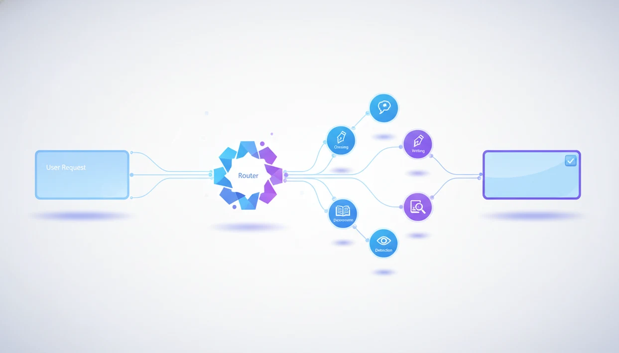 A clean workflow diagram shows one request routed through specialized AI agent nodes into a reviewed output.