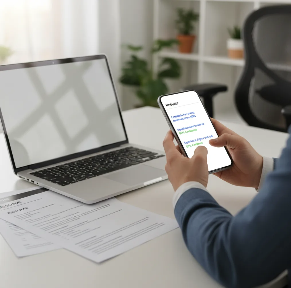 Recruiter reviewing a candidate writing sample with highlighted sentences and confidence scores on a phone