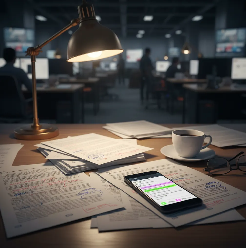Editor reviewing a manuscript with highlighted sentences and AI confidence notes on a phone