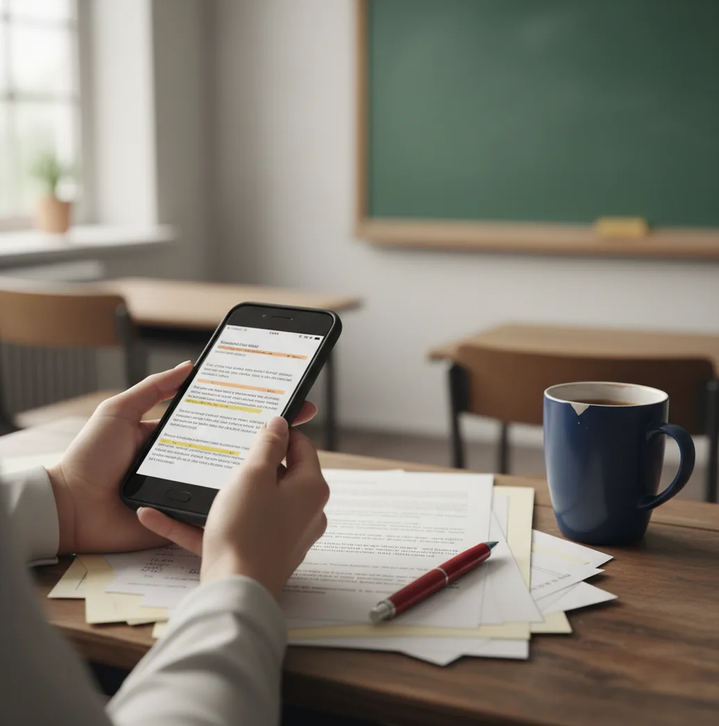 Teacher reviewing a student essay on an iPhone with highlighted AI detection scores