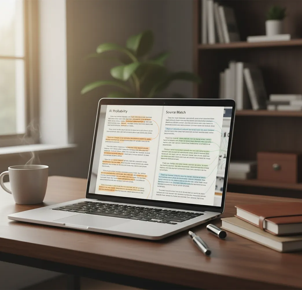 Side-by-side view of highlighted sentences and matched sources on a laptop screen