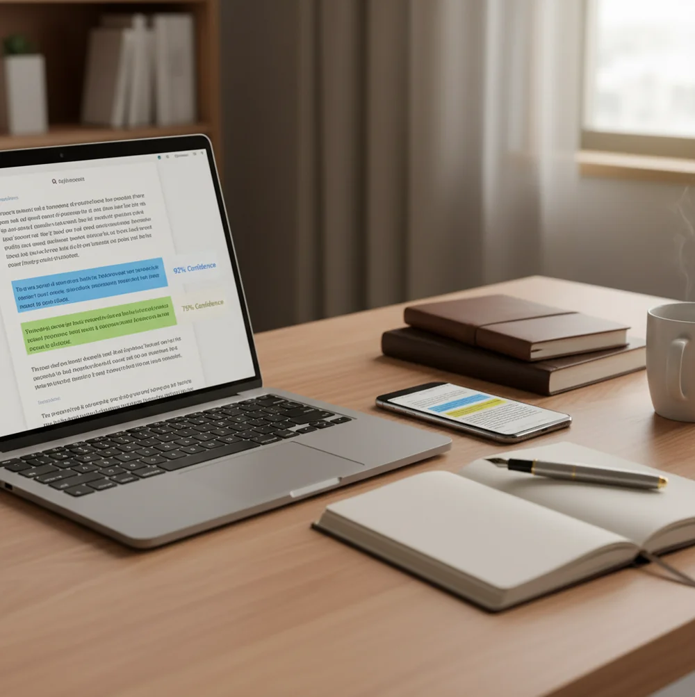 Two phones showing AI detection results beside a laptop with highlighted sentences