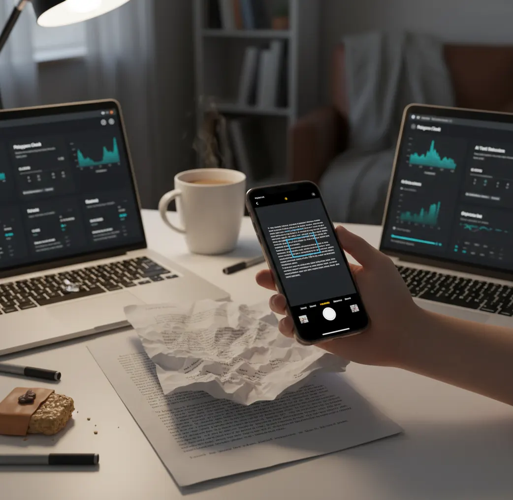 Two laptops and an iPhone showing highlighted text for AI detection comparison