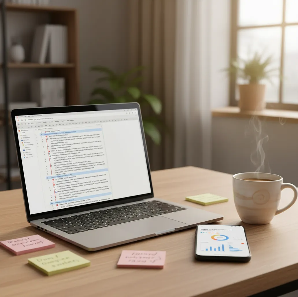 Laptop screen showing mixed AI and human edits, with a phone running a text confidence scan