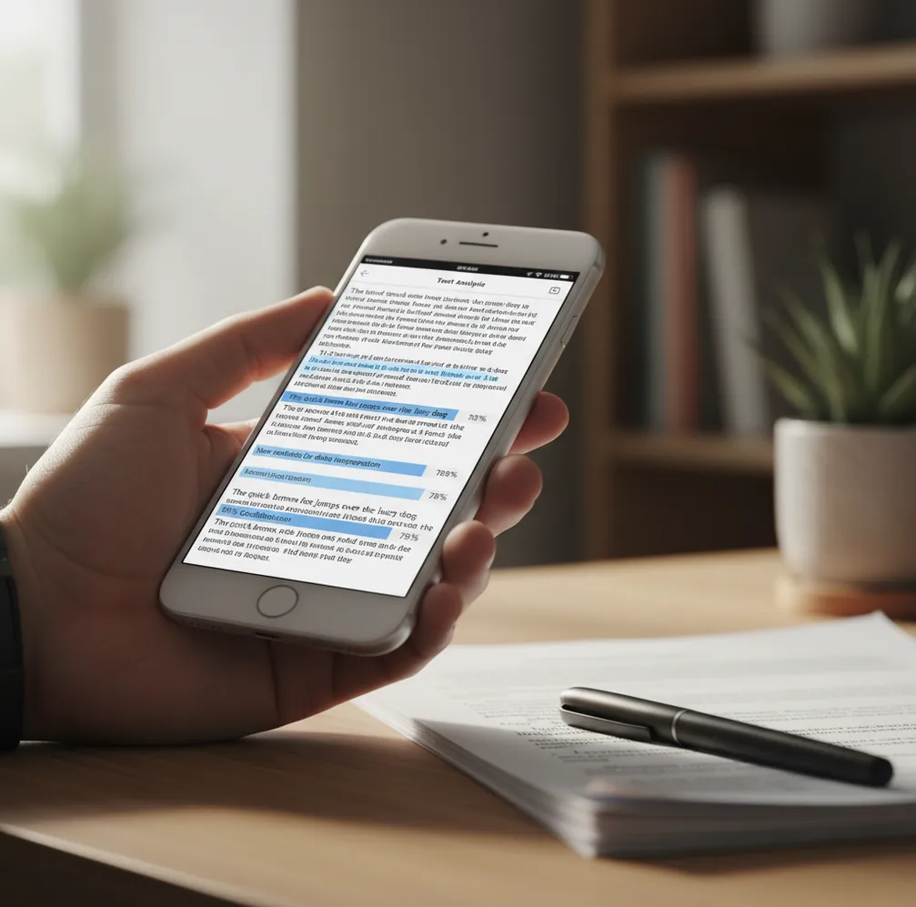 Phone screen showing pasted text with sentence-level AI confidence highlights and quick results