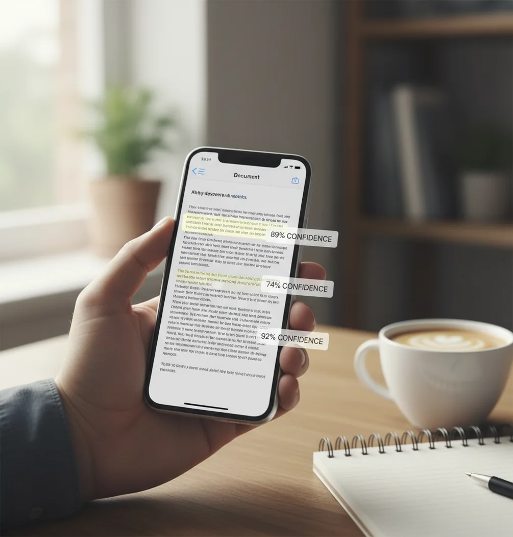 Person reviewing a paragraph on an iPhone with highlighted sentences and confidence percentages visible