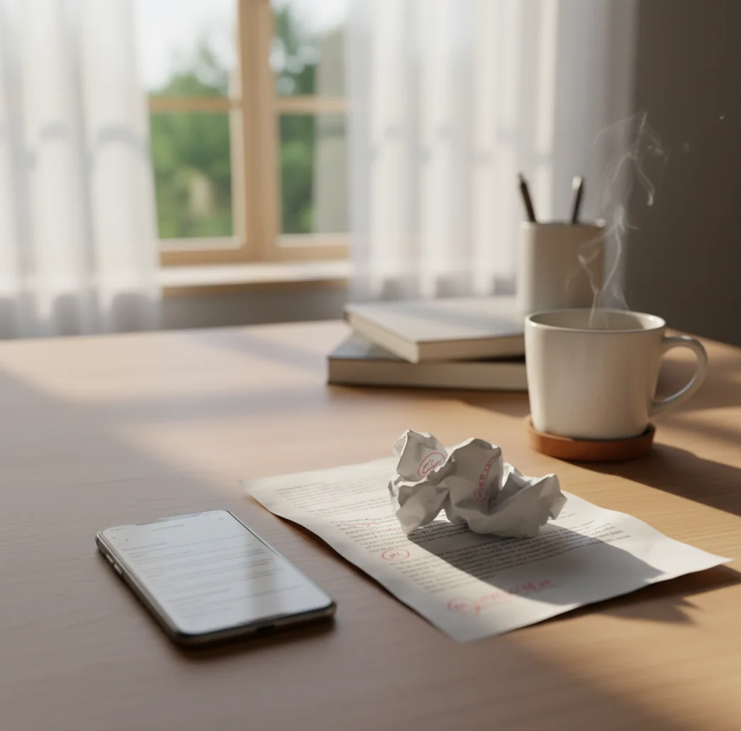 Phone screen editing a draft while printed pages with handwritten notes sit beside a laptop