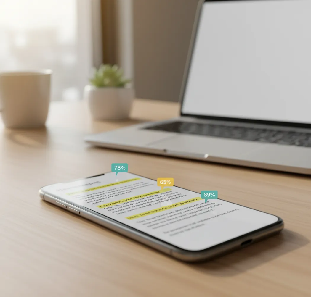 Phone screen showing sentence-by-sentence AI scores beside a pasted paragraph in a clean UI