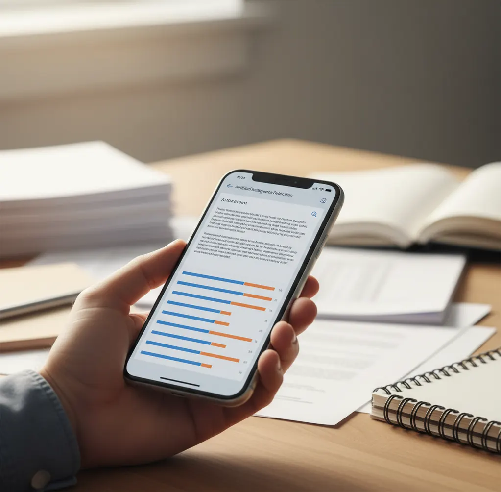 Phone screen showing sentence-by-sentence AI detection confidence scores on a pasted paragraph