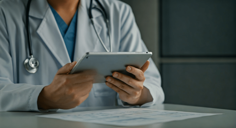 Doctor using AI death calculator on tablet in a clinical environment