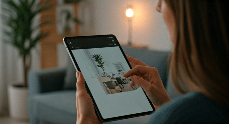 Woman using AI decorating app on tablet in a modern living room setting