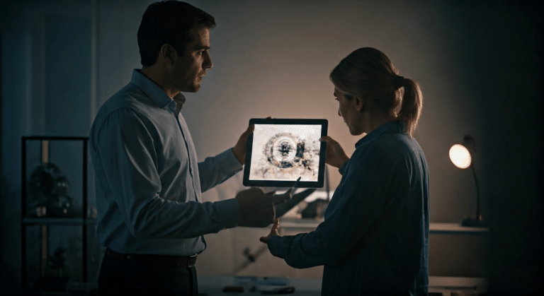 Professional explaining AI image analysis in office