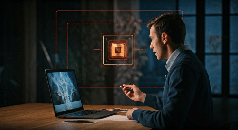 Expert presenting AI image recognition in office