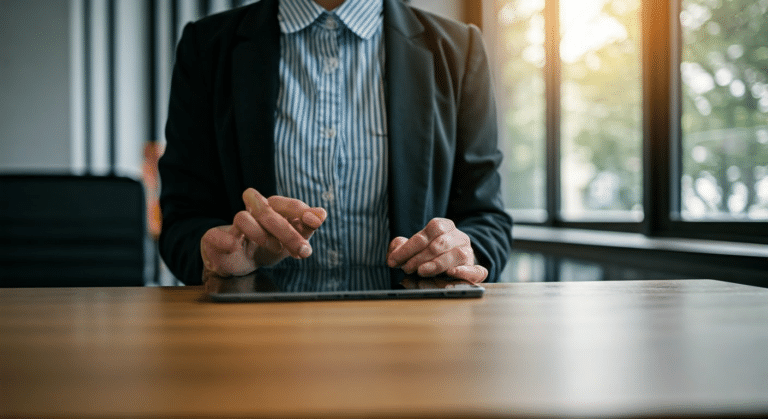 Businesswoman using ask ai on a tablet to compare search results in an office setting