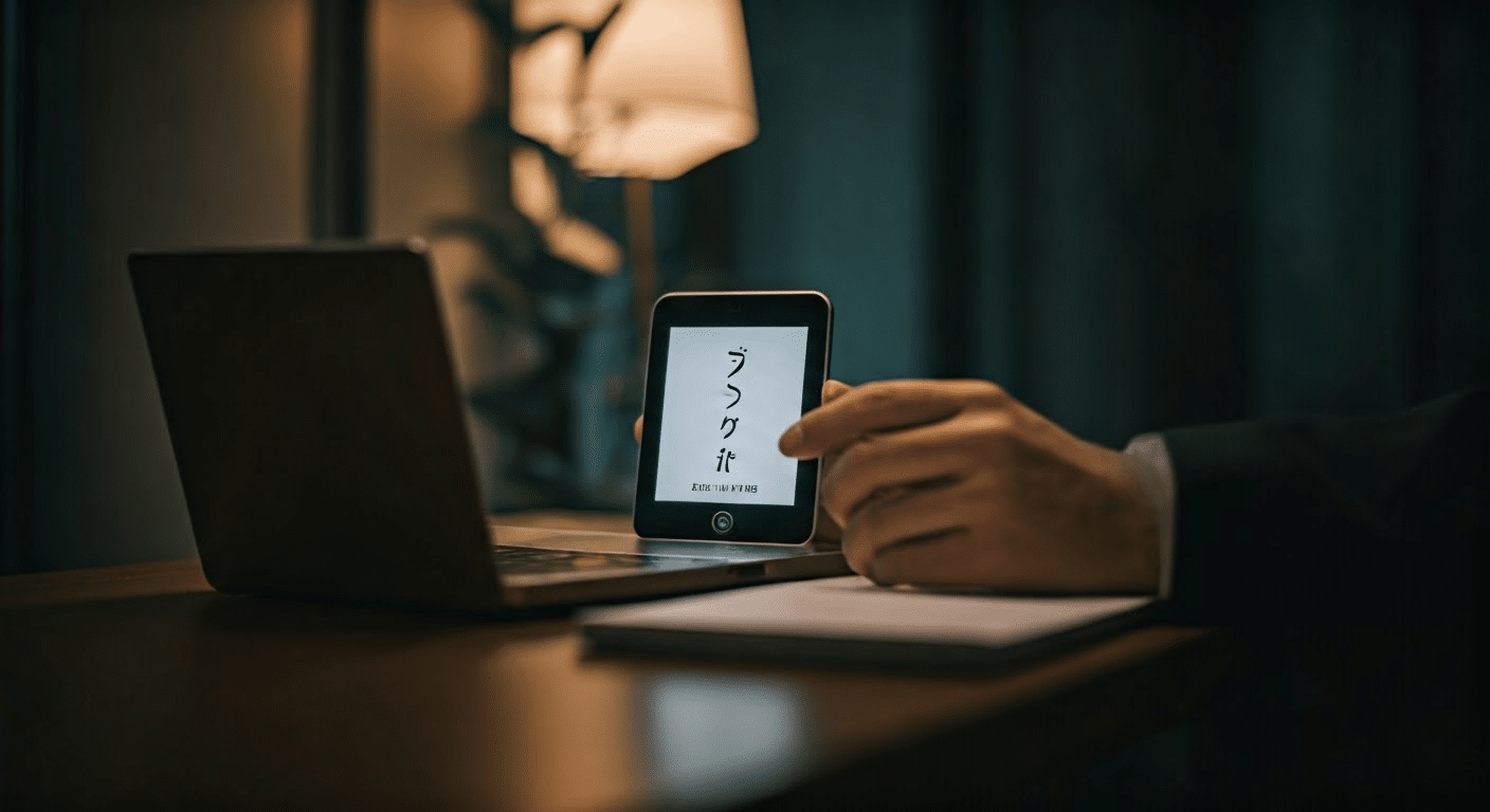 Close-up of hands with translation device