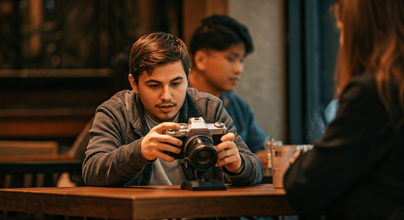 People applying Google Translate camera in a cafe