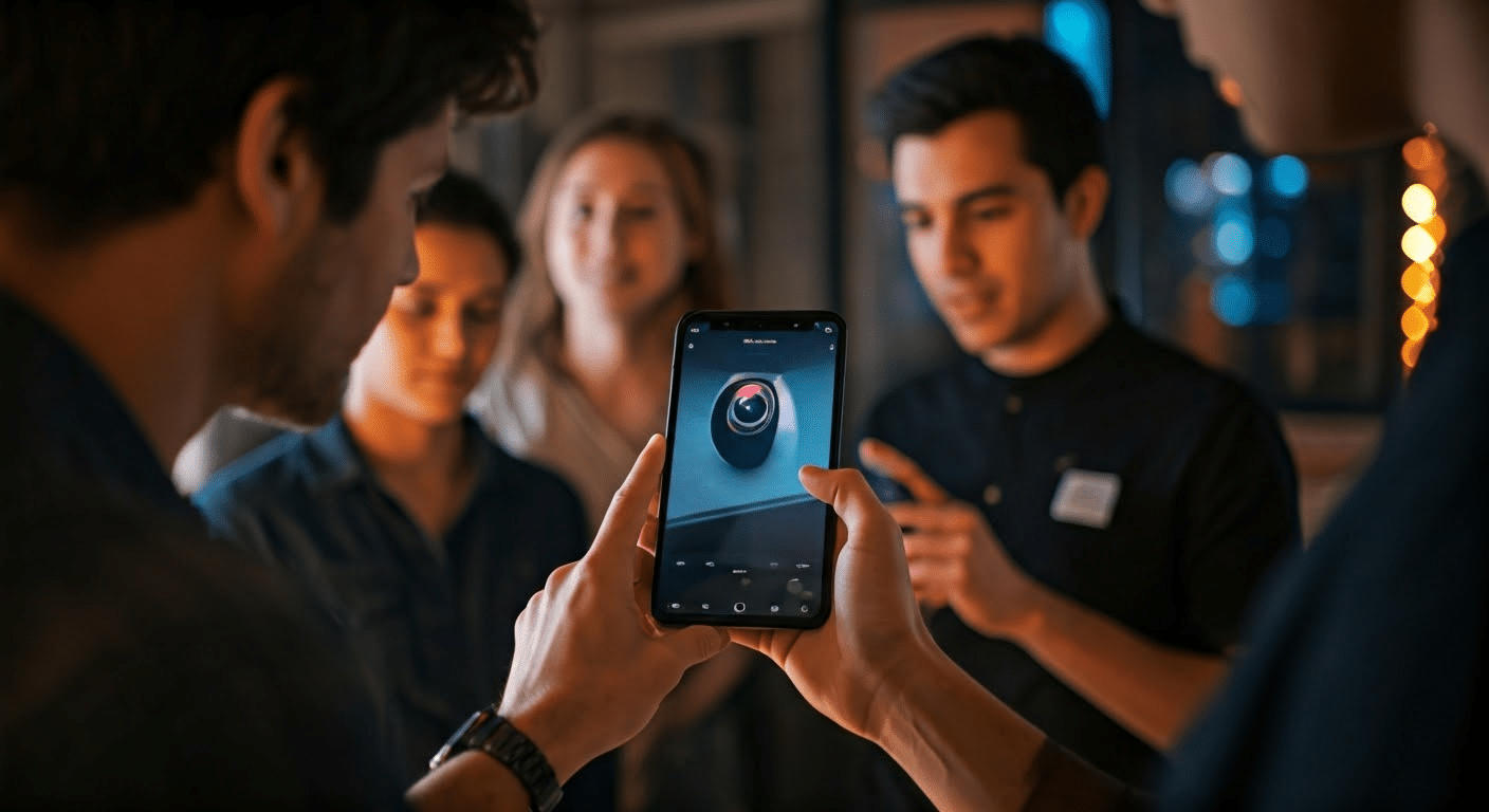 People interacting with Google Lens in a coworking space